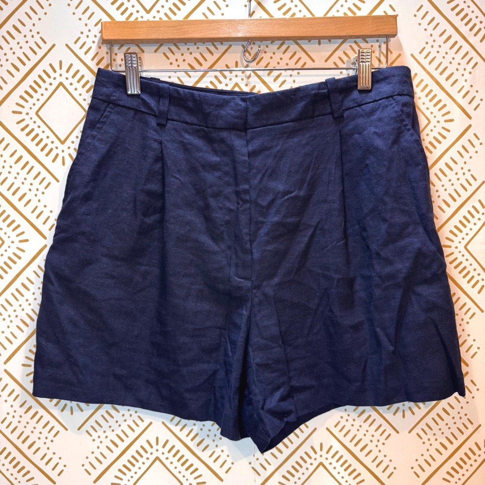 Zara Shorts Women L Navy Blue Linen Blend High Waisted Pleated Tailored Preppy
